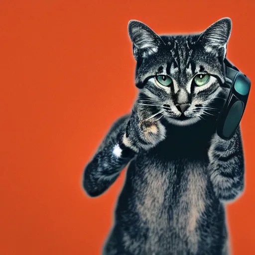 Image similar to photo of an andromorphic cat making an angry telephone call to tec - support
