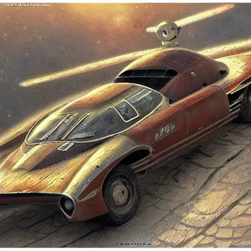 Prompt: vintage old ussr soviet car, iz 2 1 2 5, as a realistic scifi spaceship!!!, round lights, rusty, wide angle shot art by donato giancola and greg rutkowski, vintage retro scifi, realistic space, digital art, trending on artstation, symmetry!!!