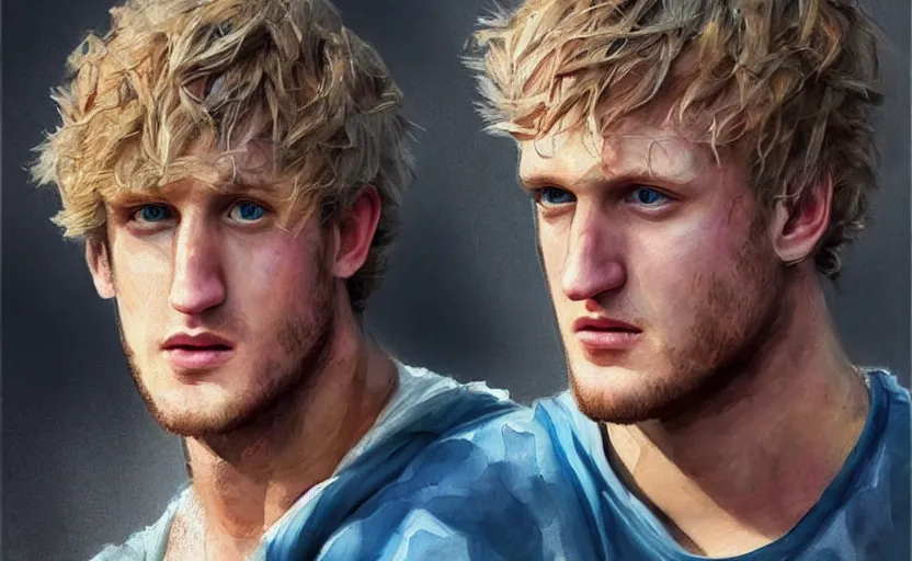 Image similar to a painting of a logan paul trending on artstation in the style of greg rutkowski, 3 d, watercolor, beautiful, young, portrait