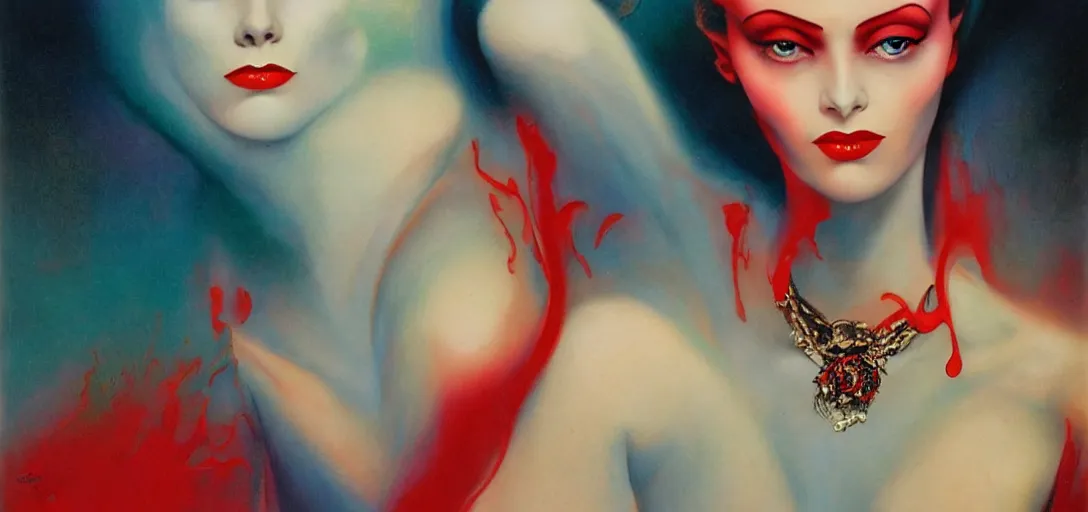 Prompt: an 8 0 s portrait of a woman with dark eye - shadow and red lips with dark slicked back hair dreaming acid - fueled hallucinations by serge lutens, rolf armstrong, delphin enjolras, peter elson, flat surreal psychedelic colors