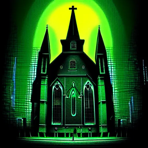 Image similar to The church of misery, cyberpunk, dark, digital art, night, scary, creepy