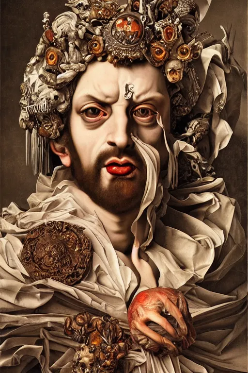 Prompt: Detailed maximalist portrait a Greek god with large lips and with large white eyes, angry face, fleshy skeletal body, HD mixed media 3d collage, highly detailed and intricate, surreal illustration in the style of Caravaggio, dark art, baroque