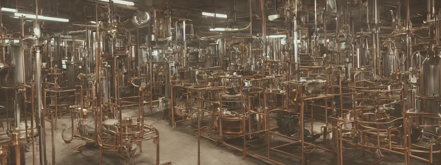 Prompt: oily apparatus for making snake oil, huge copper machine with purple and green snakelike pipework, barrels of snake oil in a disorganized factory in taiwan in 1 9 9 2 production line, golden hour lighting, film still from the uncle aloysius family medicine depot movie 3 d, 8 k, cinematic lighting