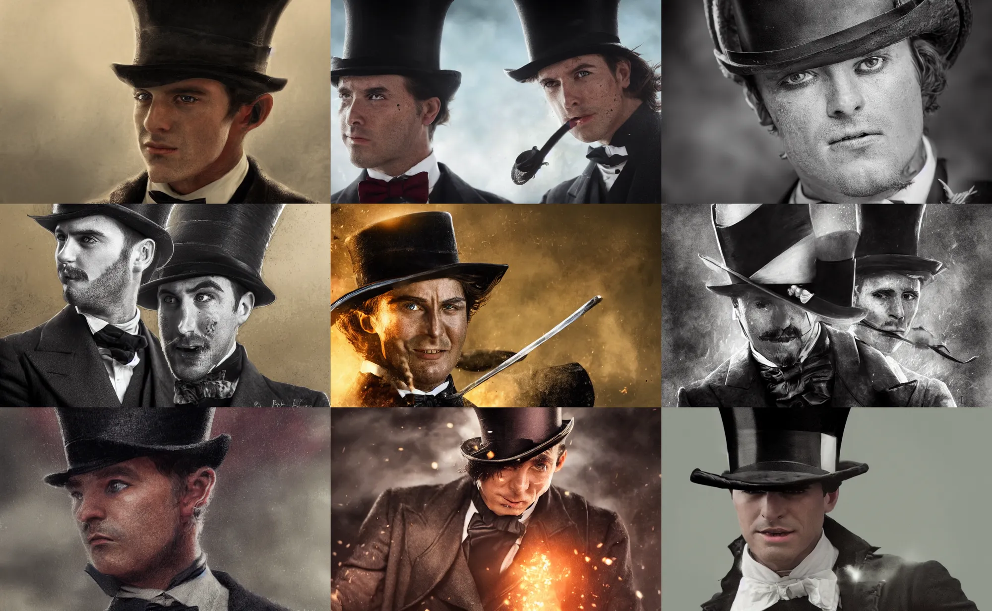 Prompt: cinematic close up artwork of spiffing gentleman with a top hat fighting in the heat of battle against an army of medieval warriors by greg rutowski, 4 k, fantasy, masterpiece