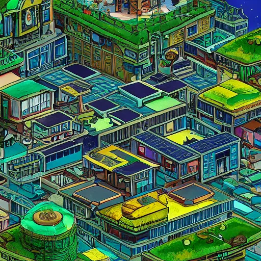 Image similar to a solarpunk city in the style of studio ghibli