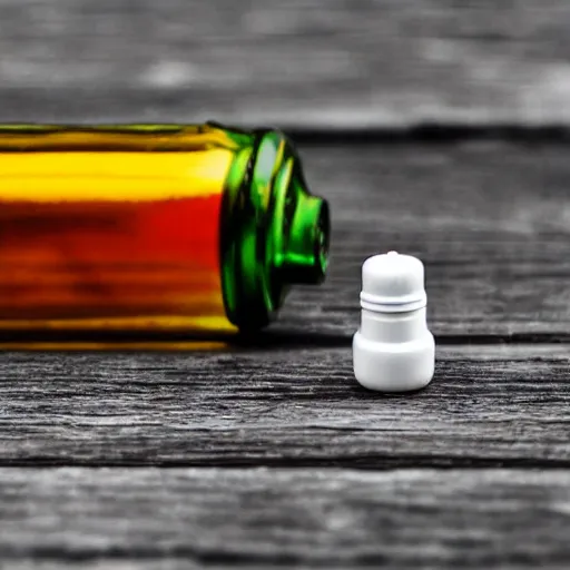 Prompt: transparent plastic bottle containing pills, close shot, 1 5 mm lens photograph