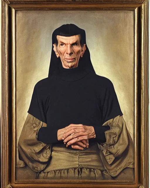 Prompt: a realist portrait of a leonard nimoy as a medieval count by andrey shishkin, oil on canvas