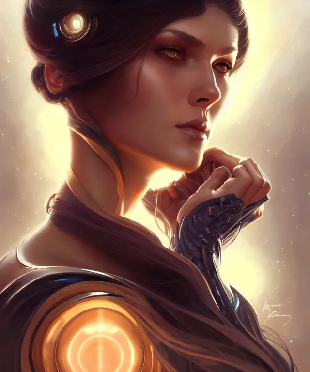 Image similar to futuristic woman portrait, sci-fi, amber eyes, face, long hair, fantasy, intricate, elegant, highly detailed, digital painting, artstation, concept art, smooth, sharp focus, illustration, art by artgerm and greg rutkowski and alphonse mucha