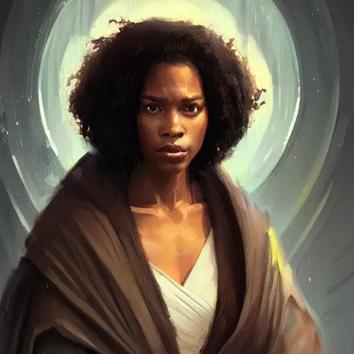 Image similar to portrait of a woman by greg rutkowski, youn jedi knight, black, afro hair, prettt, star wars expanded universe, she is about 2 0 years old, wearing jedi robes, highly detailed portrait, digital painting, artstation, concept art, smooth, sharp foccus ilustration, artstation hq