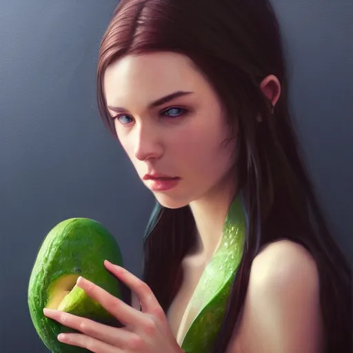 Image similar to lauren walsh lovingly cradling an avacado, fullbody, ultra high detailed, oil painting, greg rutkowski, charlie bowater, yuumei, yanjun cheng, lauren walsh, unreal 5, daz, hyperrealistic, octane render, rpg portrait, dynamic lighting, fantasy art, beautiful face