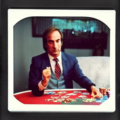 Image similar to 80's polaroid photo of saul goodman playing poker with the taliban