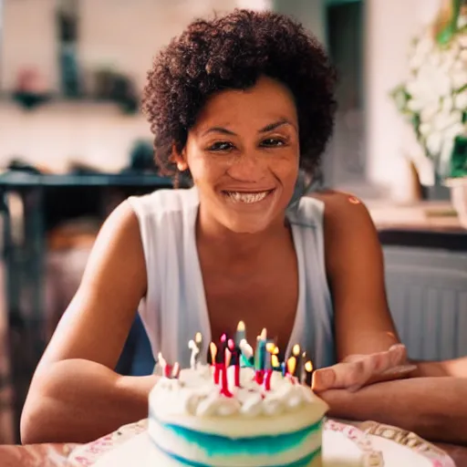 Image similar to close - up beautiful woman sitting in front of a table staring at her birthday cake.