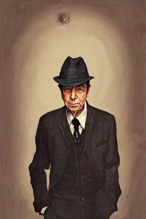 Prompt: “portrait of Leonard Cohen, impeccably dressed, wearing trilby hat, by norman Rockwell”