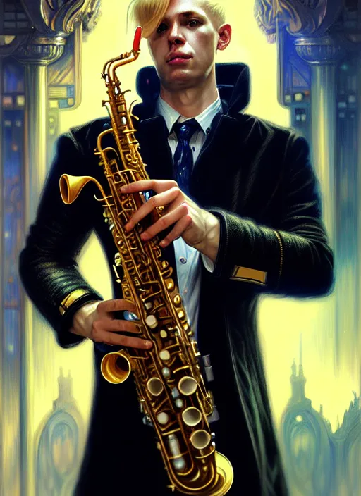 Image similar to portrait of a blond man playing sax, warhammer 40000, cyberpunk, intricate, elegant, highly detailed, digital painting, artstation, concept art, smooth, sharp focus, illustration, art by artgerm and greg rutkowski and alphonse mucha and Gustav Klimt