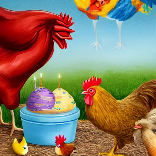 Prompt: a realistic detailed photo in a barnyard with a birthday cake between a newly-hatched baby chick and a large rooster
