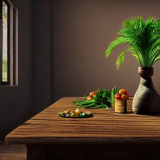 Prompt: a large vase with palms on top of a antique wooden table, vegetables on table and candle, medieval concept art, cinematic lightning and colors, vray tracing, rendered in unreal engine, dark lightning, contrast shadows, super detailed, 8 k