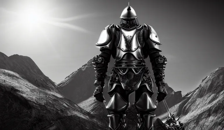 Image similar to black and white armor futuristic knight sitting on top of a mountain looking at the sunset, close shot, 8k, cinematic, epic, ultra detailed, award winning, trending on artstationHD, dramatic