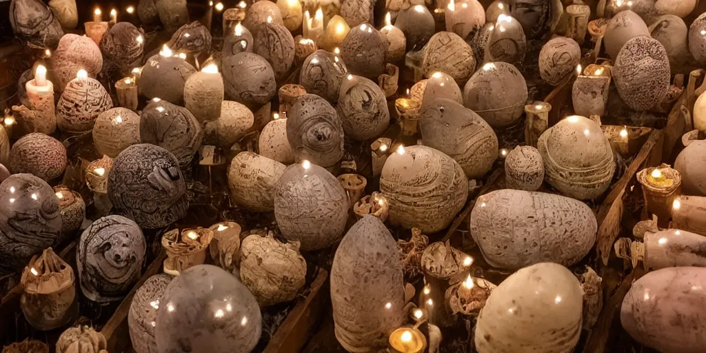 Image similar to a large old wooden cabinet full of extremely detailed scary alien eggs, burning candels in front, beautifull low light