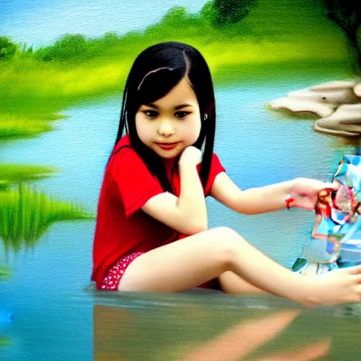 Image similar to 7 years old rina playing with the water, wearing white cloths, and a red bow in her hair, sitting by the side of a creek, in the painting style of comic books, 8 k, detailed, tele photo lens, rule of thirds
