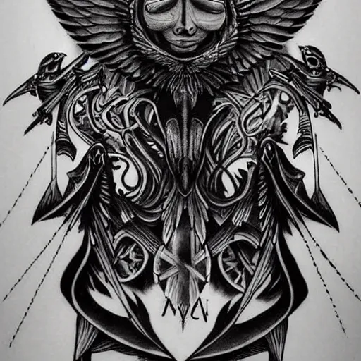 Image similar to raven mystic occult, symbolism mythos, highly detailed line tattoo, real tattoo, realistic realism, design concepts