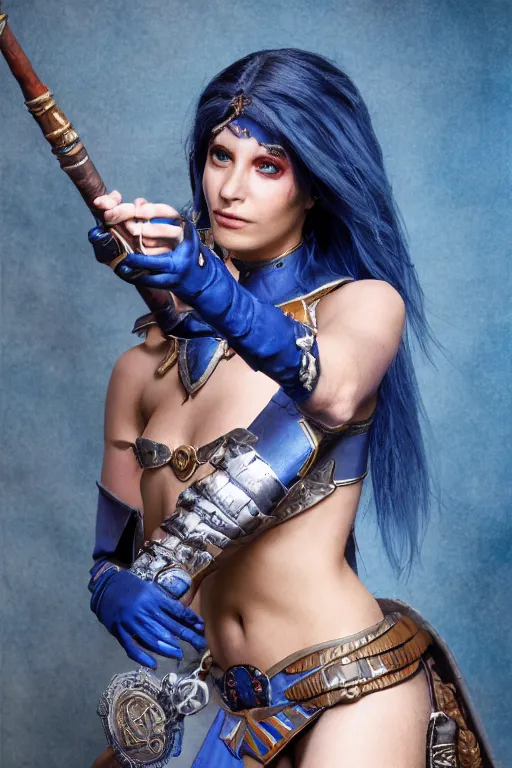 Image similar to a blue-skinned female DND vedalken, high resolution film still, 8k, HDR colors, cosplay, studio lighting, photo by bruce weber