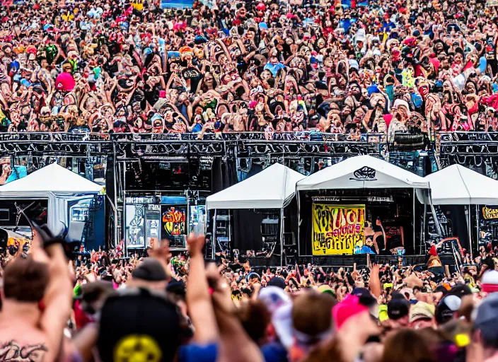 Image similar to photo still of sasquatch on stage at vans warped tour!!!!!!!! at age 4 8 years old 4 8 years of age!!!!!!! throwing rocks and berries at the crowd, 8 k, 8 5 mm f 1. 8, studio lighting, rim light, right side key light