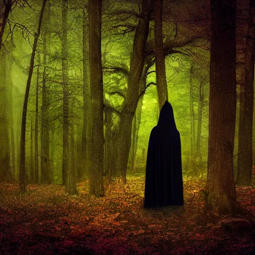 Prompt: a dark cloaked figure with horns floating in the forest digital art grainy 8k