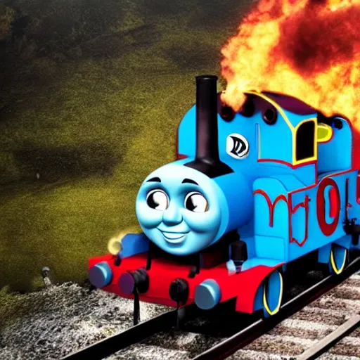 Prompt: thomas the tank engine in extremely dramatic and horrific setting, 8 k, gooey, slime, black, darkness, body horror, thomas the train, thomas the tank engine face, horror,