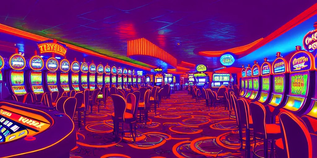 Prompt: curled perspective digital art of curly indoor casino with a stage plenty of slot machines by anton fadeev from nightmare before christmas