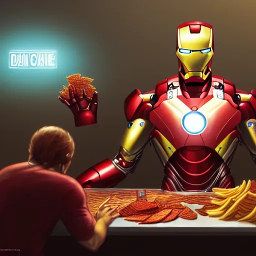 Prompt: iron man eats chips in front of laptop in detailed gamer room, coke and chips on table, cyberpunk concept art, trending on artstation, highly detailed, digital art, 8 k