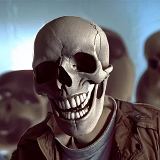 Prompt: laughing skull reaction image, movie still