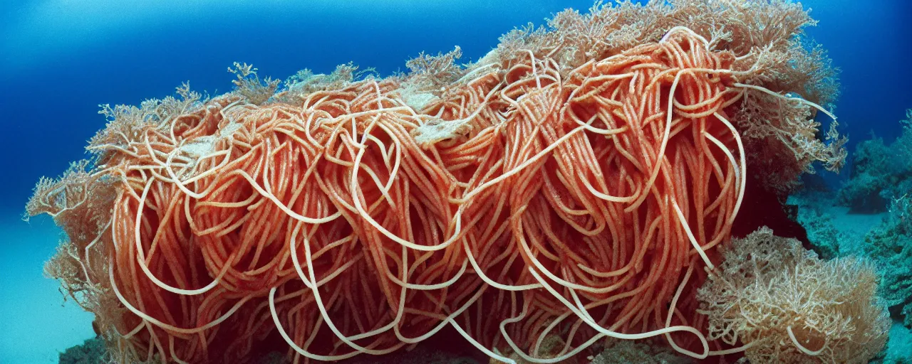 Image similar to spaghetti growing underwater in a corral reef, sigma 1 0 0 mm, in the style jacques cousteau, kodachrome