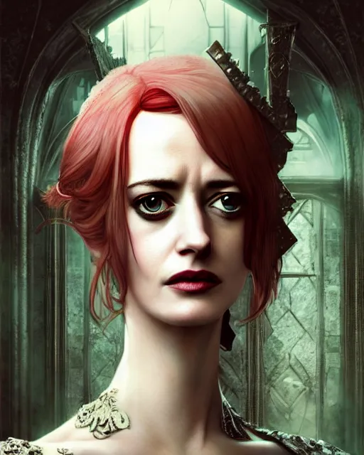 Prompt: character portrait of eva green with gorgeous detailed eyes in the castle, color page, tankoban, 4 k, tone mapping, doll, akihiko yoshida, james jean andrei riabovitchev marc simonetti, yoshitaka amano, willowy frame