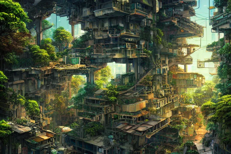 Image similar to solarpunk kowloon walled forest city, still from studio ghibli anime movie, cyberpunk tree house, walkways, bridges, pedestrians, robots, rivers, digital art, artgerm, trending on artstation