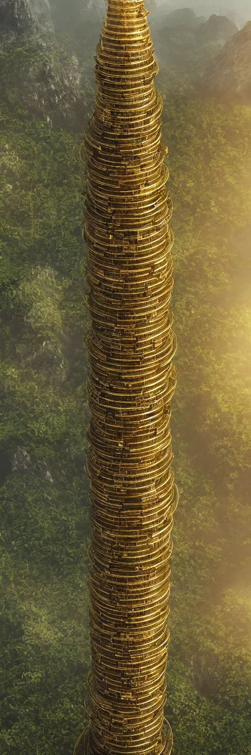 Image similar to photo of vertical golden tower, stacked ancient village, arid mountains and lush palm forest, photo realism, sharp focus, octane