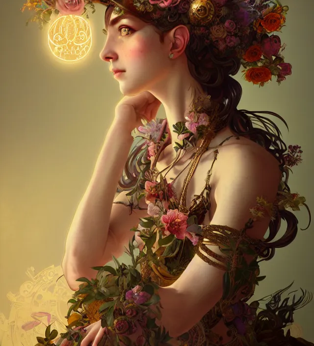 Image similar to baroque portrait of a steampunk bohemian nature nymph in a simple dress with floral decoration, cinematic lighting, photorealistic, octane render, 8 k, depth of field, 3 d, art by artgerm and greg rutkowski and alphonse mucha and uang guangjian