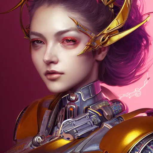 Image similar to studio portrait of lawful good colorful female holy mecha paladin absurdly beautiful, elegant, young sensual graceful woman, ultrafine hyperrealistic detailed face illustration by kim jung gi, irakli nadar, intricate linework, sharp focus, bright colors, matte, octopath traveler, final fantasy, unreal engine highly rendered, global illumination, radiant light, intricate environment