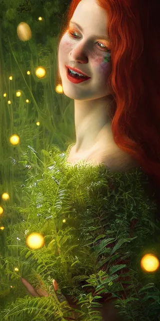 Prompt: young woman, smiling amazed, among firefly lights, full covering intricate detailed dress, amidst nature, long red hair, precise linework, accurate green eyes, small nose with freckles, beautiful oval shape face, empathic, expressive emotions, dramatic lights, hyper realistic ultrafine art by artemisia gentileschi, jessica rossier, boris vallejo