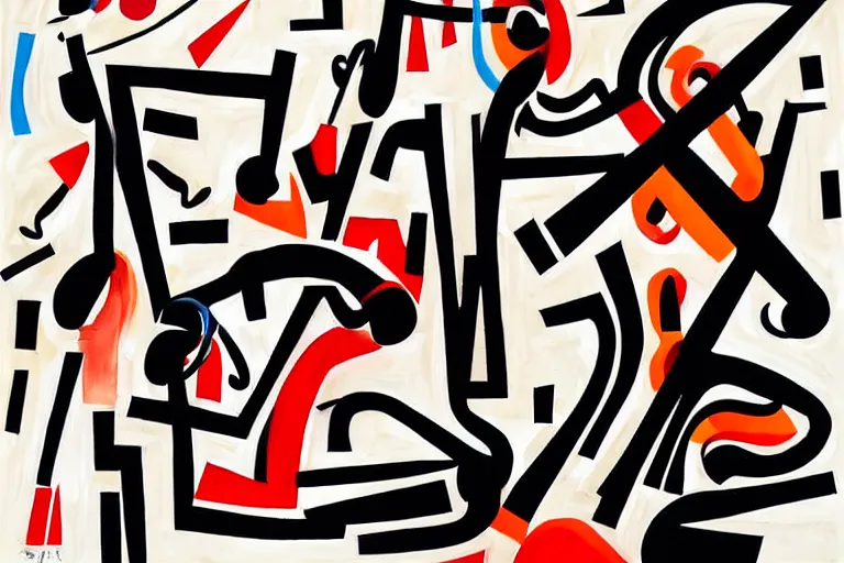 Image similar to 3 jazz musicians, head and shoulders playing with musical notes as abstract art in the style of Stuart Davis