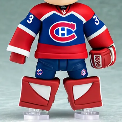 Image similar to high quality portrait flat matte painting of cute Nendoroid figurine of Patrick Roy Goaltender, in the style of nendoroid and manga NARUTO, number 33 on jersey, Patrick Roy Goaltender, An anime Nendoroid of Patrick Roy, hall of fame goalie Patrick Roy!!!, number 33!!!!!, Montreal Habs Canadiens figurine, detailed product photo, flat anime style, thick painting, medium close-up