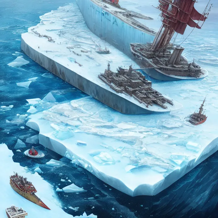 Prompt: one enormous gigantic steel shipshaped fortress sailing across an icy frozen ocean. masterpiece, cinematic, hyperdetailed, photorealistic, hyperrealism, octane render, depth of field, bokeh, architecture, aerial view, art by tom bagshaw, geof darrow, james gurney, filip hodas