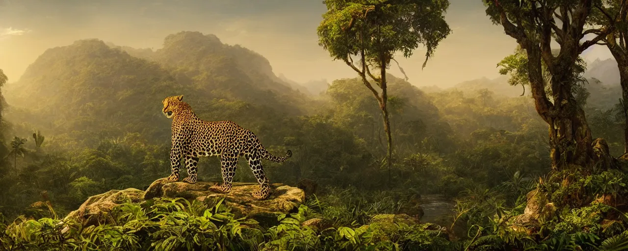 Image similar to leopard standing in the jungle, beautiful dynamic lighting, cinematic, wide angle establishing shot, extremely high detail, photo realistic, cinematic lighting, post processed, concept art, artstation, matte painting, style by frederic church, raphael lacoste, unreal engine 8 k