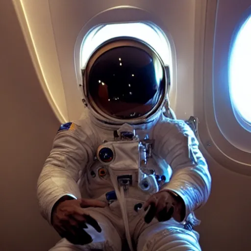 Prompt: an ant in an astronaut helmet on an airplane