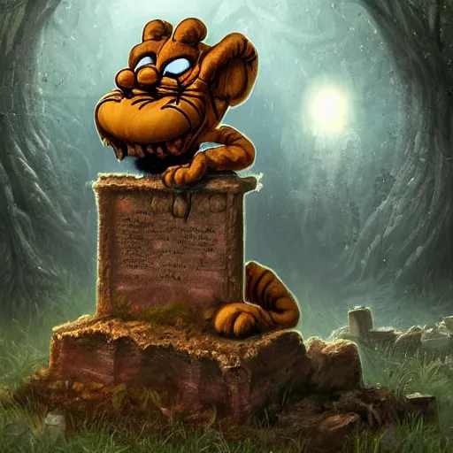 Image similar to an ancient, eldritch, and godlike garfield crying at a overgrown and abandoned grave trending on artstation deviantart pinterest photorealistic hd 8 k highlights and shadow detailed high resolution