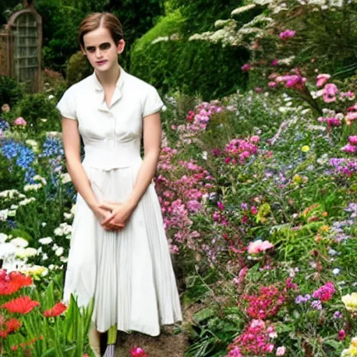 Prompt: a photo of emma watson standing in a garden surrounded by beautiful flowers