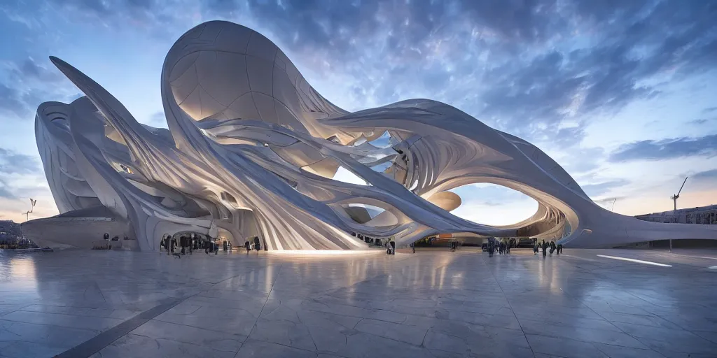 Image similar to extremely detailed ornate stunning beautiful elegant futuristic museum exterior by Zaha Hadid, stunning volumetric light, sunset