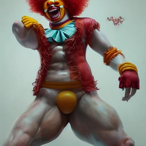 Image similar to portrait of Ronald McDonald the rapist clown, muscular, wild, upper body, D&D, fantasy, intricate, cinematic lighting, highly detailed, digital painting, artstation, concept art, smooth, sharp focus, illustration, art by Hajime Sorayama