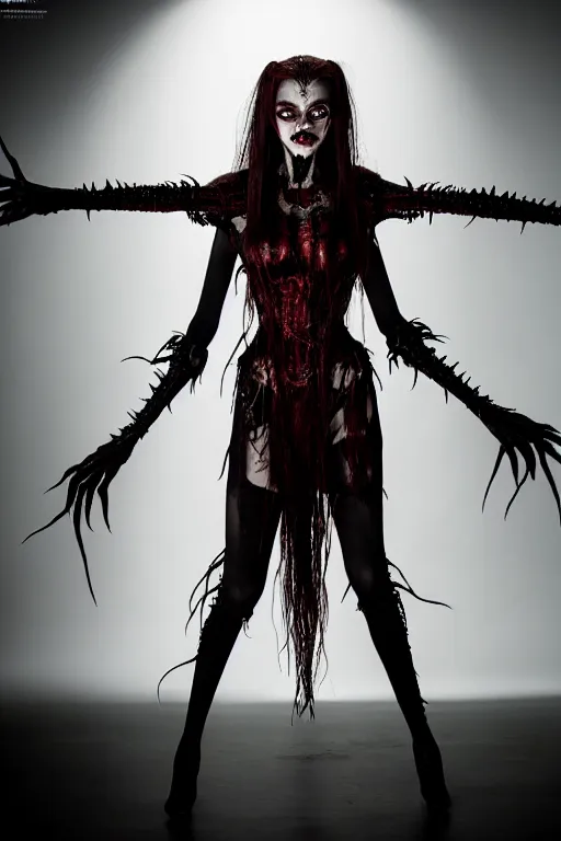 Image similar to dressed anya taylor - joy, a sinister demonic queen of cenobites, symmetrical, cinematic, terrific, demonic atmosphere, professional studio light, real dlsr photography, sharp focus, costume made by clive barker, real rotten flesh and blood, 4 k, ultra hd, sense of awe