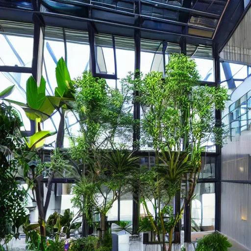 Image similar to The atrium of a refurbished contemporary building filled with tropical plants, 4k