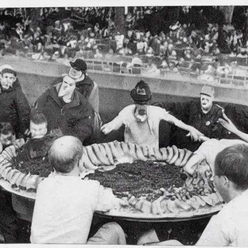 Image similar to cow pie eating contest, newspaper photograph